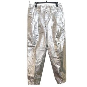 Vintage Raw Basix Silver 100% Leather Metallic Straight Leg Women's Pants Medium
